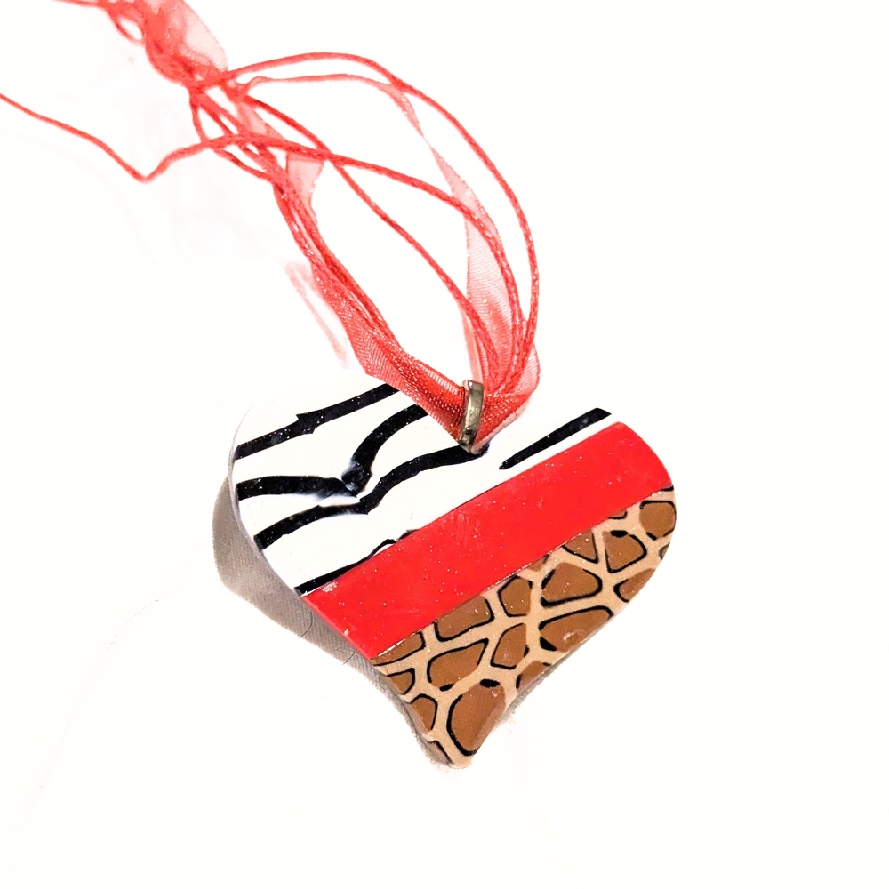 Heart Pendant Necklace with Red and Brown Design